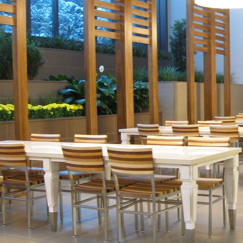 Location: TorontoDesigner: Cadillac Fairview / GHA Design StudiosChair(s): 578-WS/WB Custom Timberly Stack  Custom 685-NSTK Opus Base(s): 4100 Disc Barstool(s): 1685 Custom Opus Bar Top(s): Corian made to specification